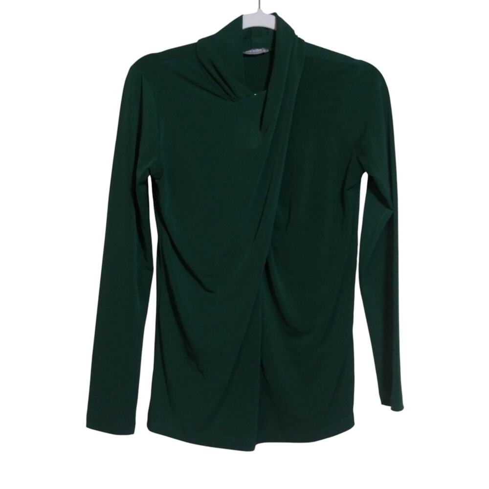 Milan Kiss Kelly Green Stretchy Fax Wrap Mock Neck Women's Blouse Top Size S